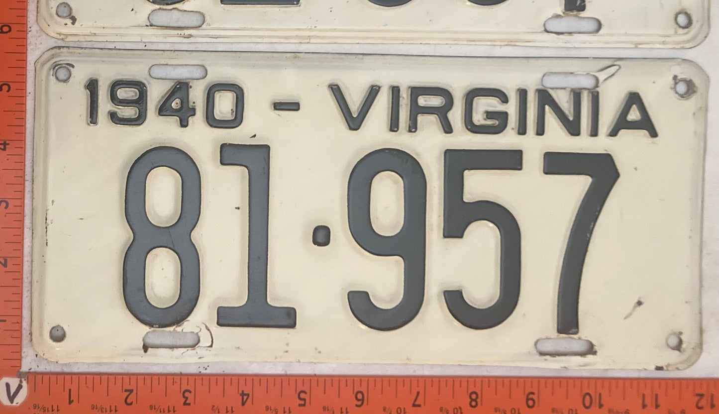 1940 Virginia #81-957 Passenger License Plate (Pair)