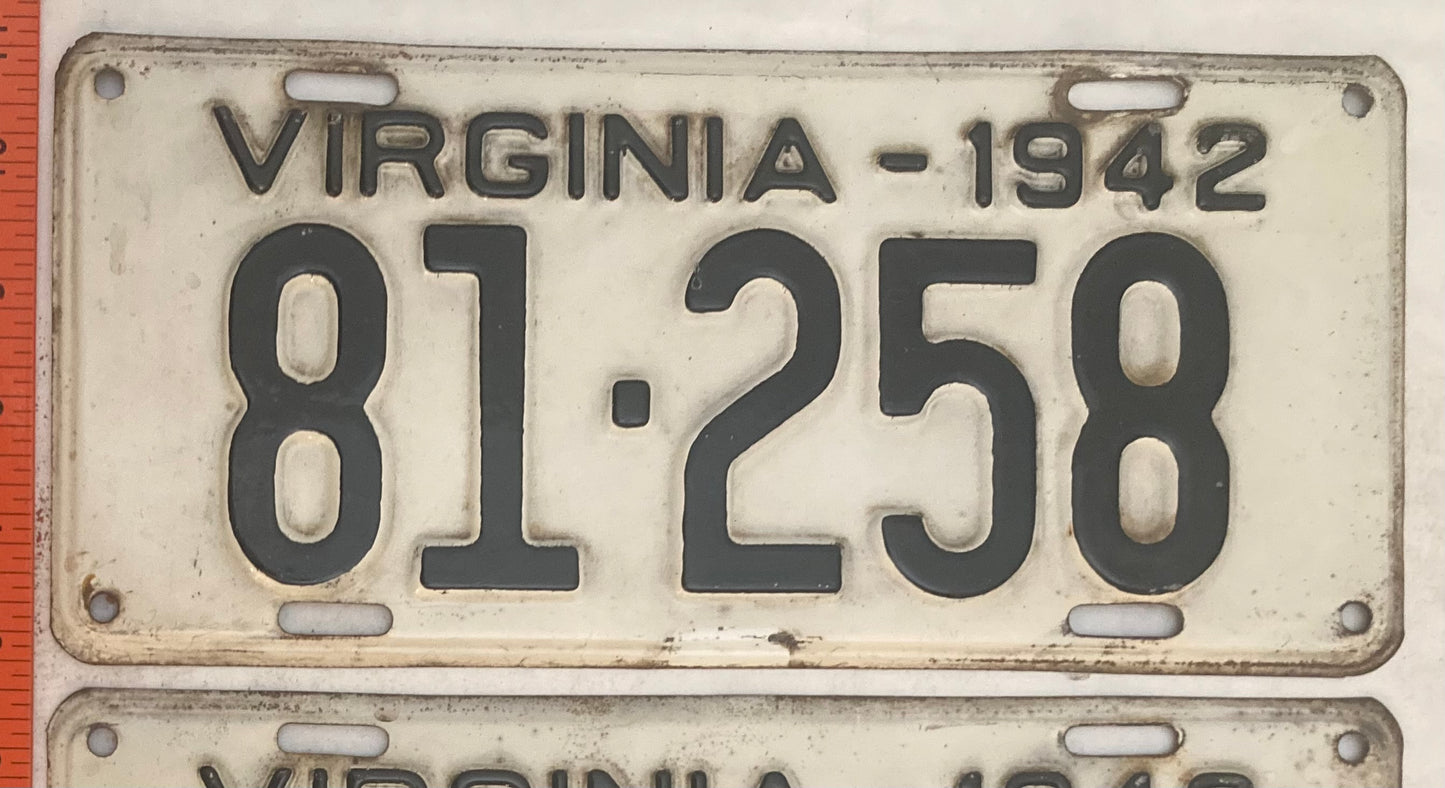 1942 Virginia #81-258 Passenger License Plate (Pair)