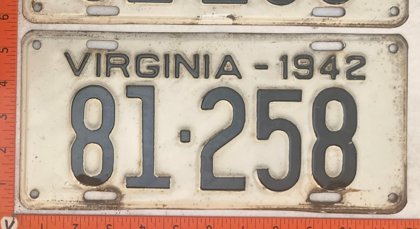 1942 Virginia #81-258 Passenger License Plate (Pair)