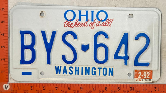 1992 Ohio #BYS-642 Passenger License Plate