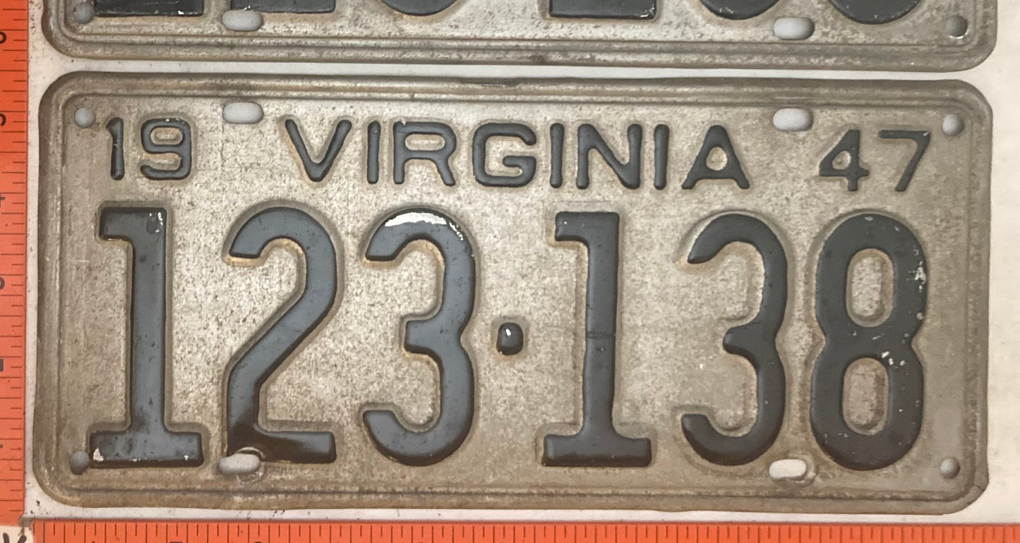 1947 Virginia #123-138 Passenger License Plate (Pair)