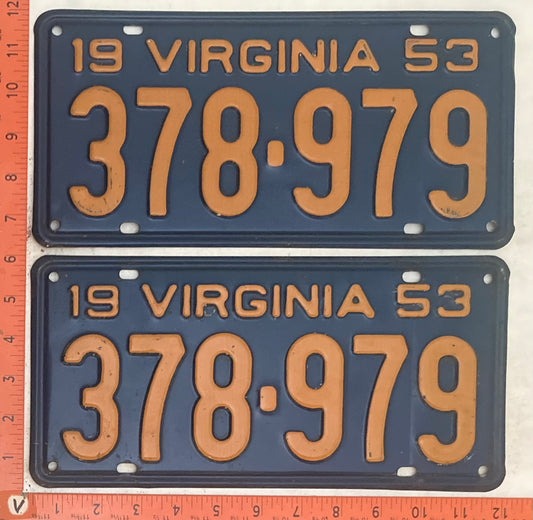 1953 Virginia #378-979 Passenger License Plate (Pair)