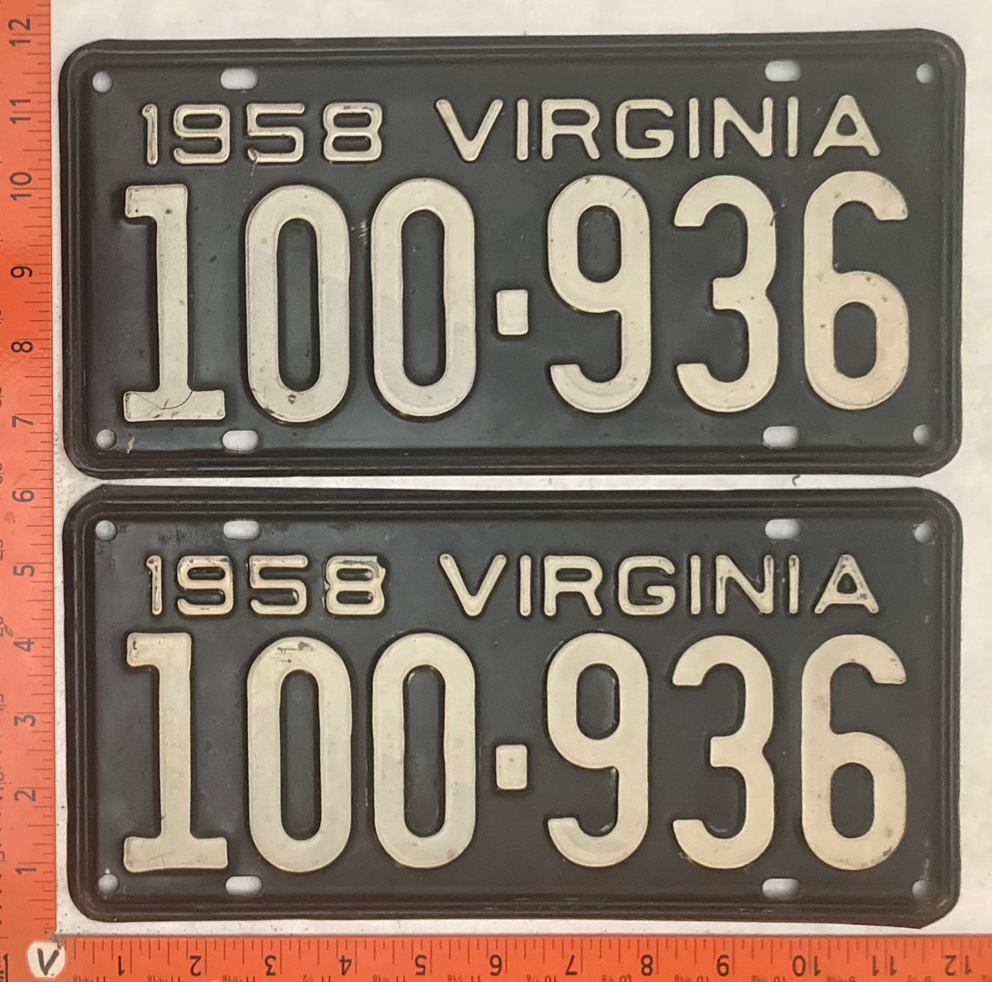 1958 Virginia #100-936 Passenger License Plate (Pair)