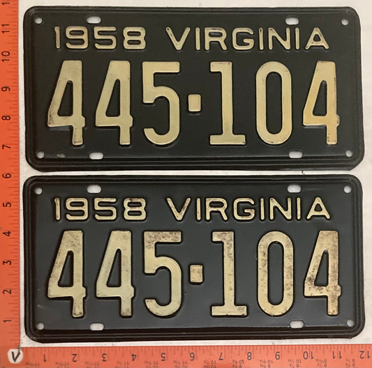 1958 Virginia #445-104 Passenger License Plate (Pair)