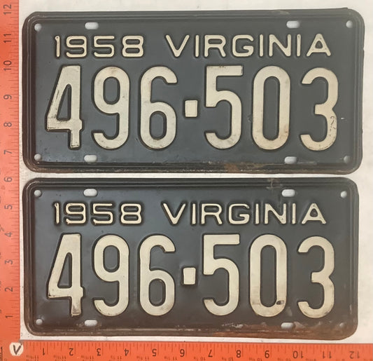 1958 Virginia #496-503 Passenger License Plate (Pair)