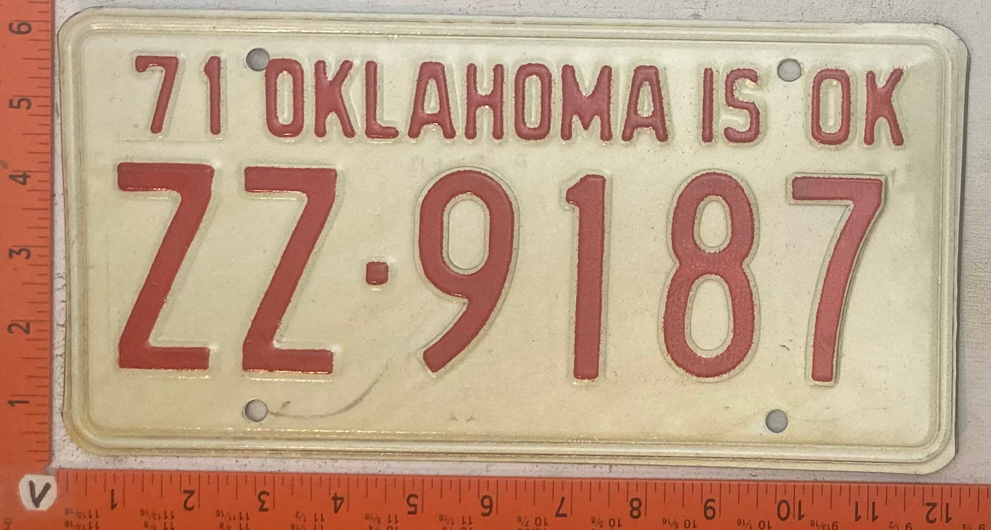 1971 Oklahoma #ZZ-9187 Passenger License Plate