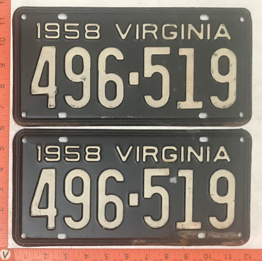 1958 Virginia #496-519 Passenger License Plate (Pair)
