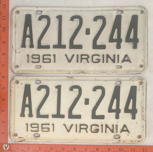 1961 Virginia #A212-244 Passenger License Plate (Pair)
