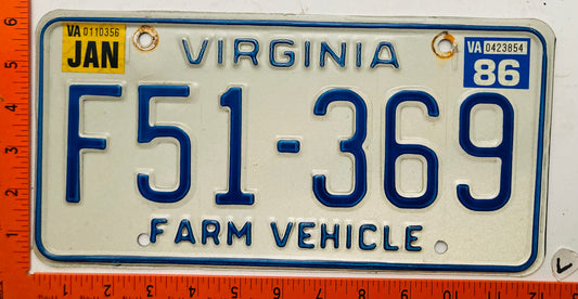 1986 Virginia #F51-369 Farm Vehicle License Plate