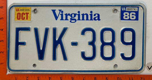 1986 Virginia #FVK-389 Passenger License Plate