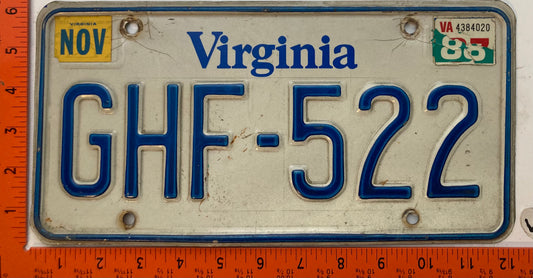 1988 Virginia #GHF-522 Passenger License Plate