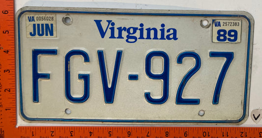 1989 Virginia #FGV-927 Passenger License Plate