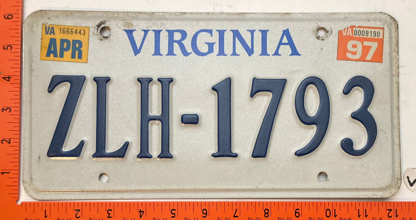 1997 Virginia #ZLH-1793 Rental Car License Plate