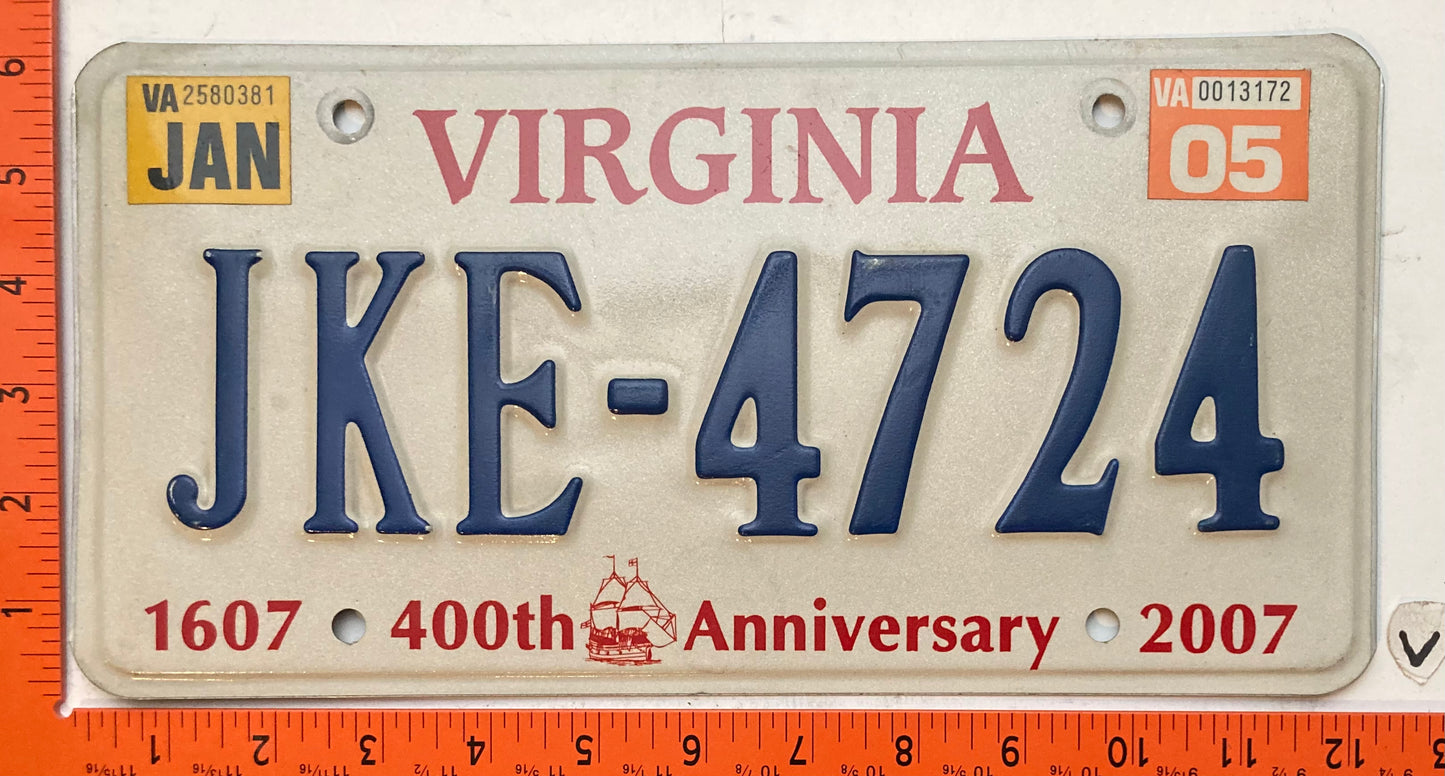 2005 Virginia #JKE-4724 Rental Car License Plate
