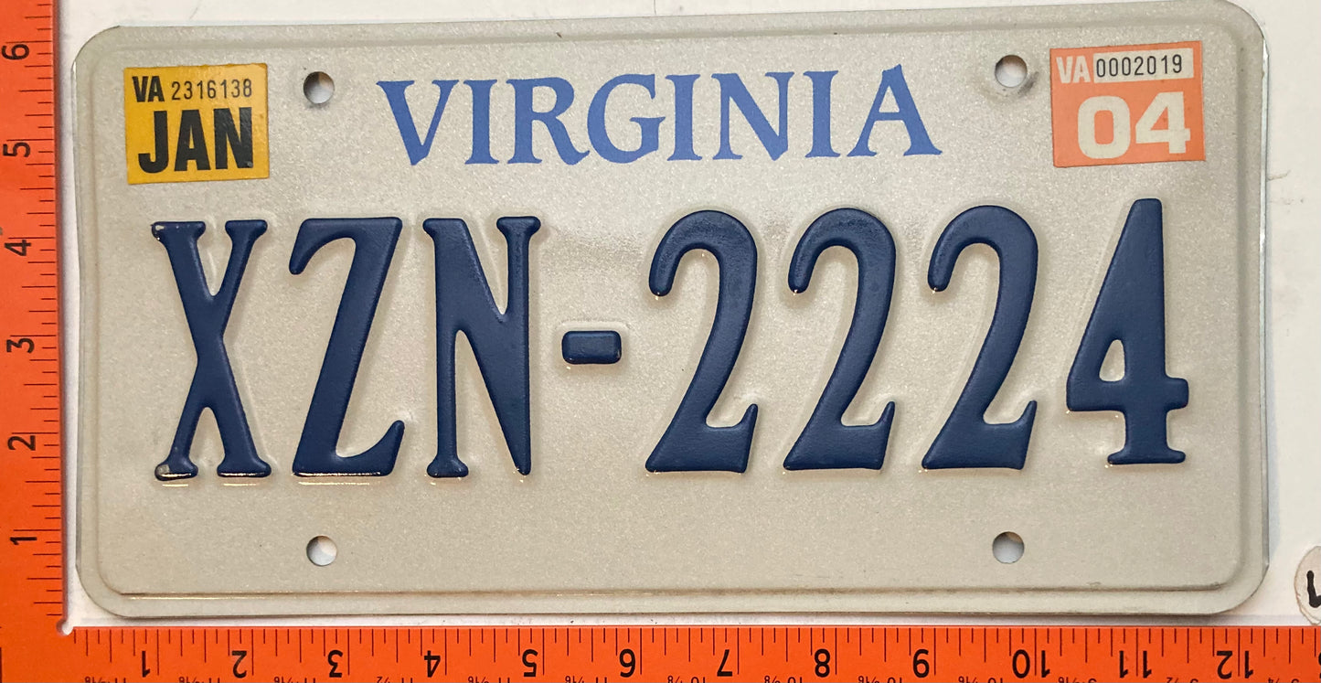 2004 Virginia #XZN-224 Rental Car License Plate