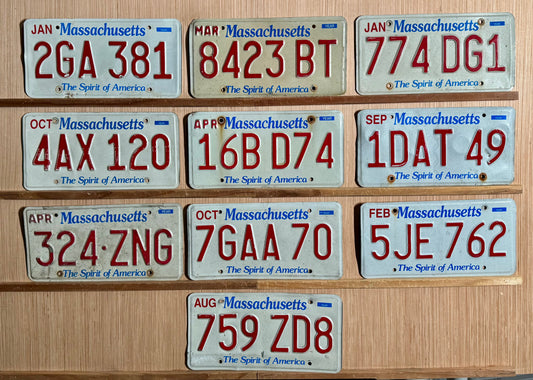 Group of 10 Massachusetts Passenger License Plates (Crafter)