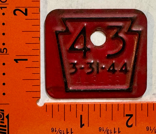 1943 Pennsylvania #443456 Passenger License Plate Date Tab