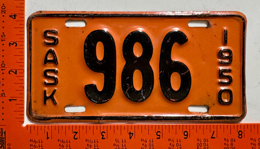 1950 Saskatchewan #986 Motorcycle License Plate