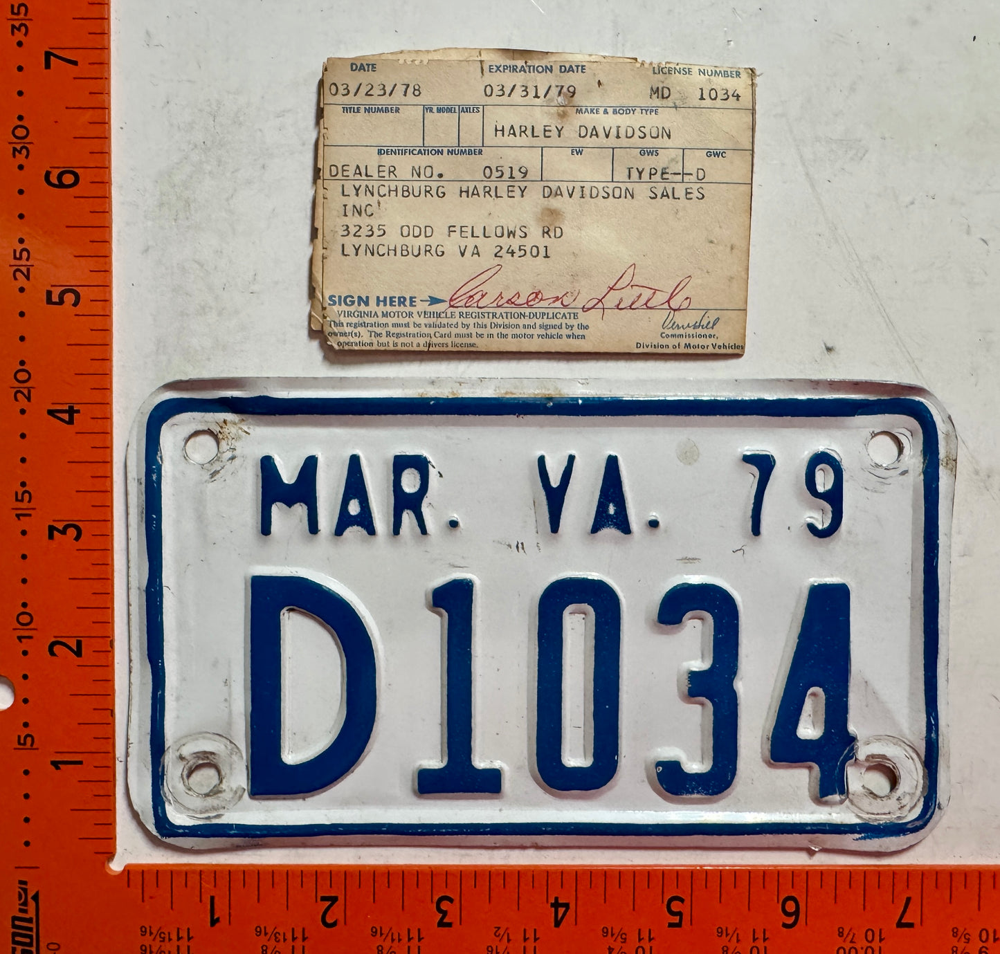 1979 Virginia #D1034 Motorcycle Dealer License Plate w/registration