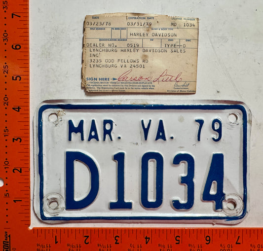 1979 Virginia #D1034 Motorcycle Dealer License Plate w/registration
