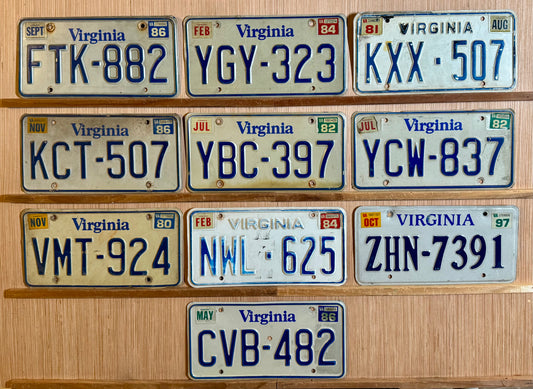 Group of 10 Virginia Passenger License Plates (Crafter)