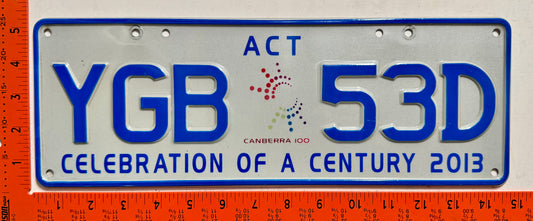 2013 base Australian Capital Territory #YGB 53D Passenger License Plate