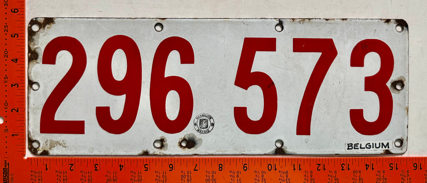 1928-1953 Belgium #296 573 Passenger License Plate (Porcelain)