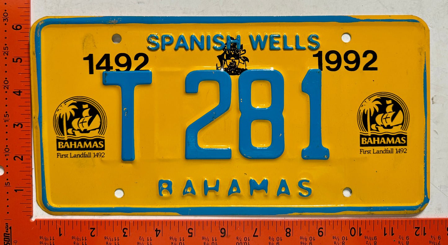 1992 base Spanish Wells, Bahamas #T 281 Truck License Plate