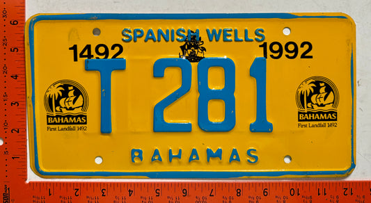 1992 base Spanish Wells, Bahamas #T 281 Truck License Plate