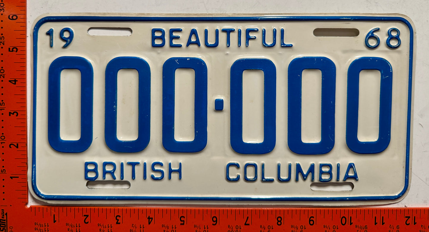 1968 British Columbia #000-000 Passenger Sample License Plate