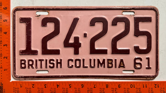 1961 British Columbia #124-225 Passenger License Plate