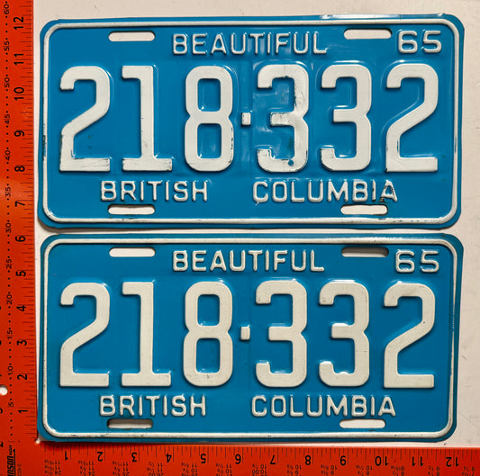 1965 British Columbia #218-332 Passenger License Plate PAIR
