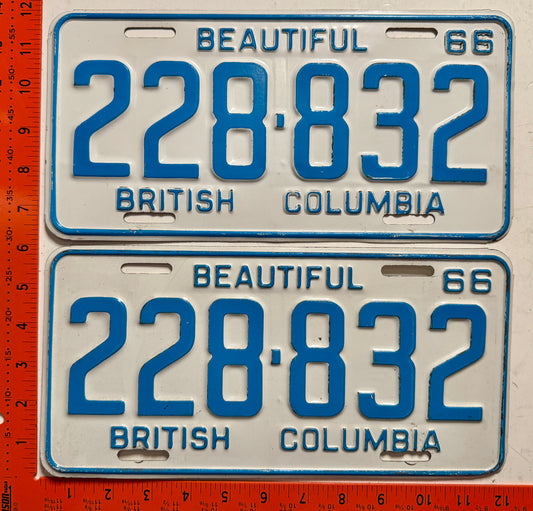 1966 British Columbia #228-832 Passenger License Plate PAIR