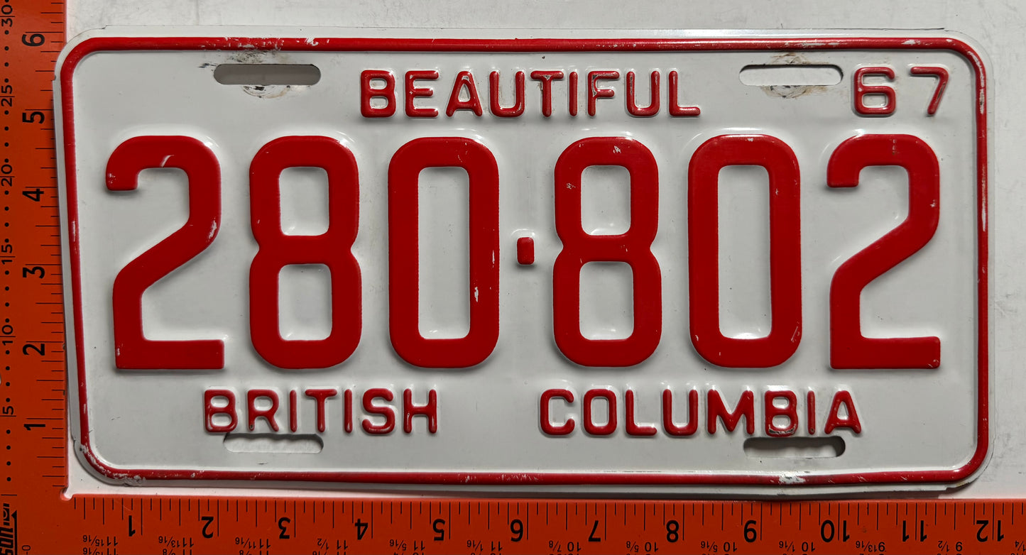 1967 British Columbia #280-802 Passenger License Plate
