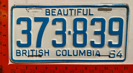 1964 British Columbia #373-839 Passenger License Plate