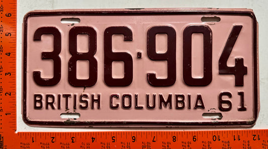 1961 British Columbia #386-904 Passenger License Plate