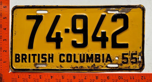 1955 British Columbia #74-942 Passenger License Plate