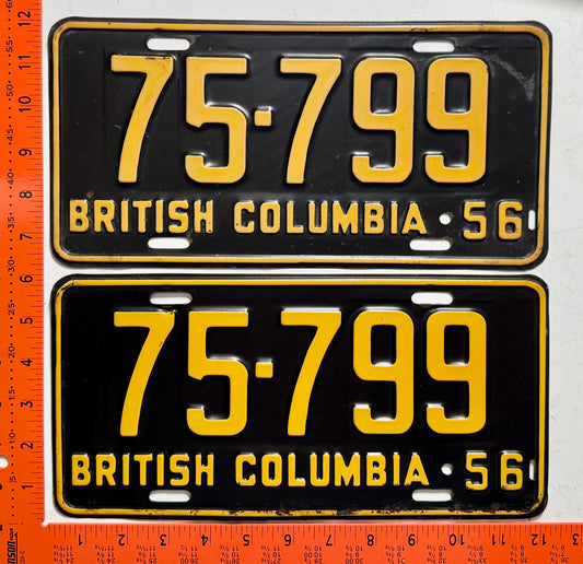 1956 British Columbia #75-799 Passenger License Plate PAIR