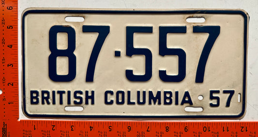 1957 British Columbia #87-557 Passenger License Plate