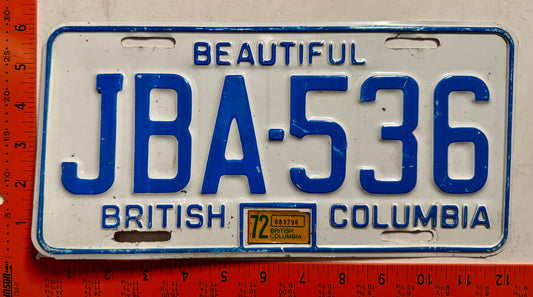 1972 British Columbia #JBA-536 Passenger License Plate
