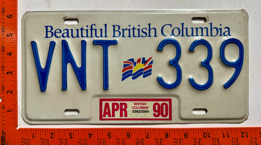 1990 British Columbia #VNT 339 Passenger License Plate