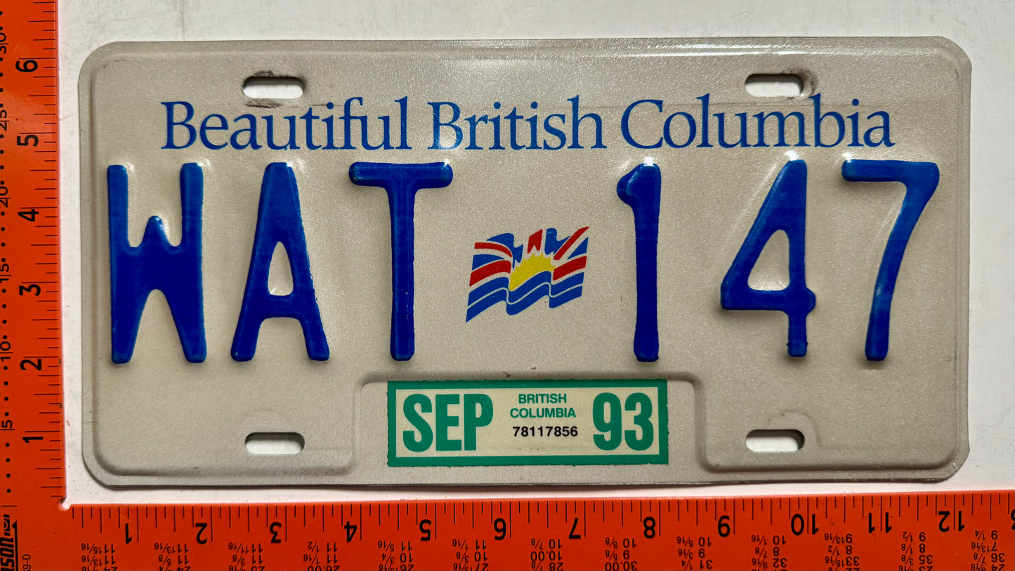 1993 British Columbia #WAT 147 Passenger License Plate