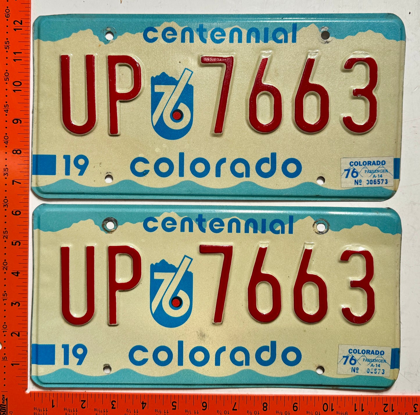 1976 Colorado #UP 7663 Passenger License Plate (Pair)