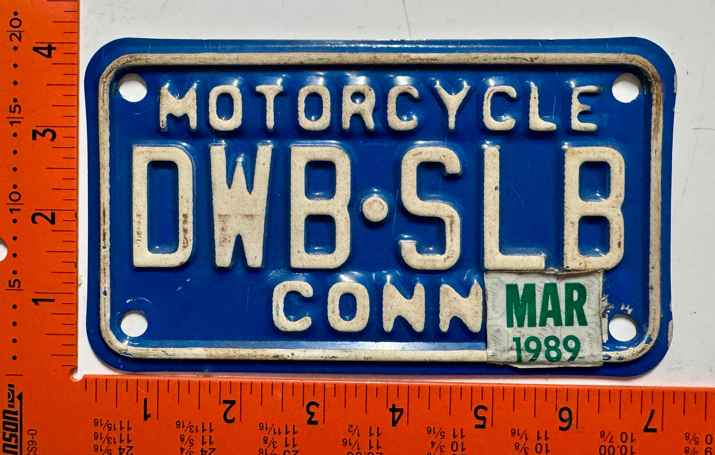 1989 Connecticut #DWB-SLB Motorcycle Vanity License Plate