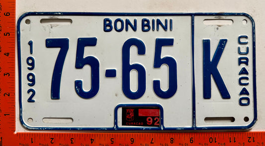1992 Curacao #75-65 K Passenger License Plate