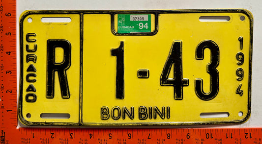 1994 Curacao #R 1-43 Rental License Plate
