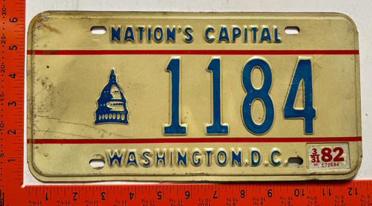 1982 Washington, DC #1184 Passenger License Plate