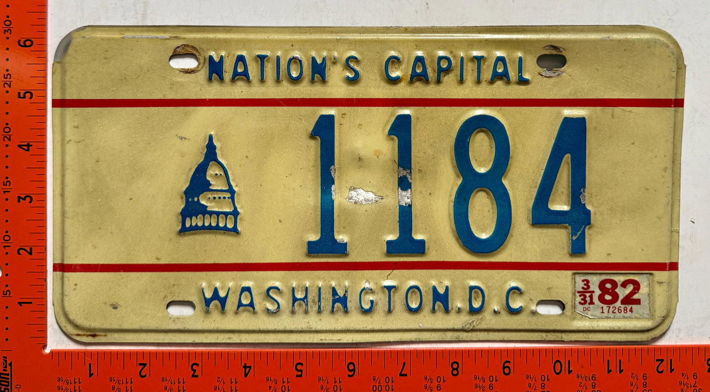 1982 Washington, DC #1184 Passenger License Plate