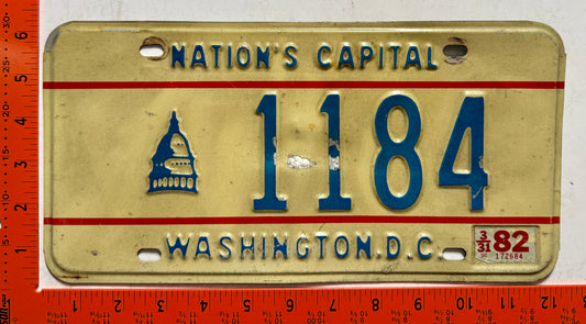 1982 Washington, DC #1184 Passenger License Plate