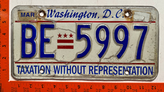 undated Washington, DC #BE 5997 Passenger License Plate